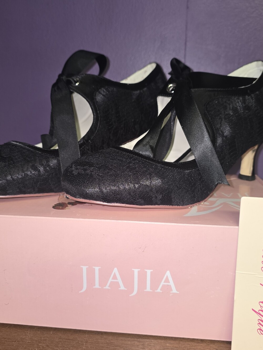 JIAJIA Belle Poque Black Lace Ribbon Heels Size 8 Victorian Retro Gothic